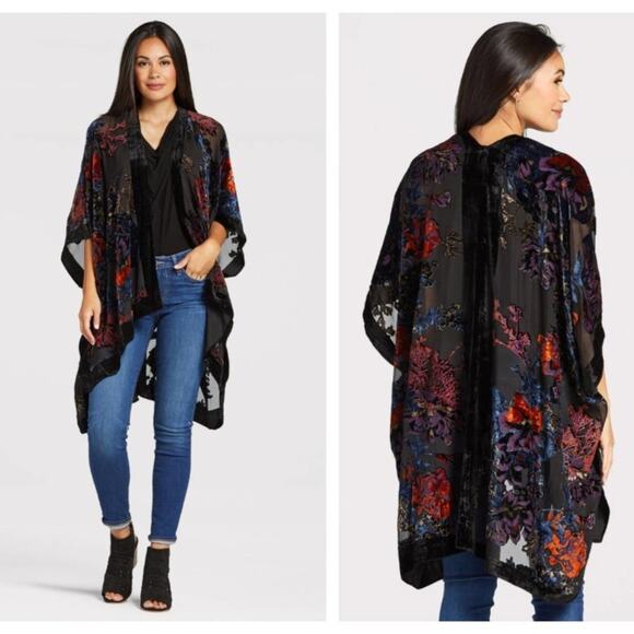 MICHAEL STARS Floral Velvet Kimono Black One Size {RR13} - Picture 1 of 5